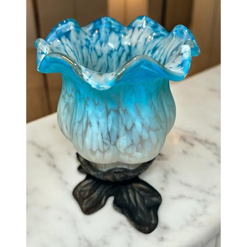Vintage Bronze Table Lamp Blue &white Frosted Handblown Glass Tulip Lampshade